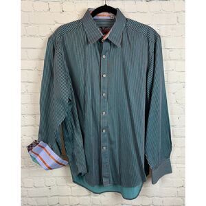 ROBERT GRAHAM blue brown striped 100% cotton mens dress button down shirt L